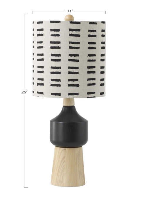 Natural Wood And Black Ceramic Table Lamp With Linen Mudcloth Shade, Rotary Switch, 60W Max, Dope Sleek Modern Home Decor Light