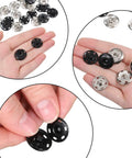 Hands showing 12 Sets Large Sew On Metal Snaps For Clothing 19mm Diameter Press Studs For Fabric And Garment Closure Black And Silver Includes Front And Back Components For Secure Reliable Closures In Everyday Projects.
