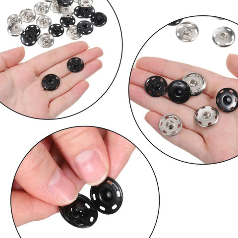 Hands showing 12 Sets Large Sew On Metal Snaps For Clothing 19mm Diameter Press Studs For Fabric And Garment Closure Black And Silver Includes Front And Back Components For Secure Reliable Closures In Everyday Projects.