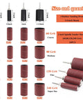 187 Piece Sanding Drum Kit For Drill And Drill Press With Grit Sleeves And Rubber Drums showing 4 rubber sanding drums and 24 grit sleeves.