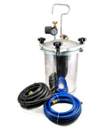 Stainless Steel 2.5 Gallon Pro Grade Pressure Paint Tank Spray Pot With Clamp On Lid And Air Powered Mixing Agitator, shown with hoses.