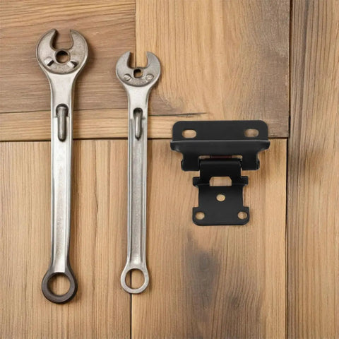 Self Closing Cabinet Door Hinges For RV And Camper, 6 Pack, Black Semi Concealed Hardware with tools on wooden surface