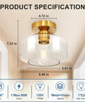 Industrial Semi Flush Mount Light With Vintage Glass Ceiling Fixture For Hallways And Dining Rooms, size details shown.
