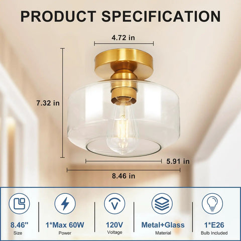 Industrial Semi Flush Mount Light With Vintage Glass Ceiling Fixture For Hallways And Dining Rooms, size details shown.