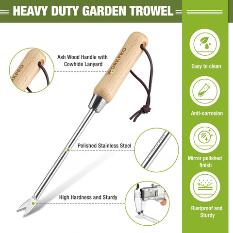 Two Pronged Dandelion Weeder Puller Tool With Wood Handle Stainless Steel Garden Weed Remover shown with features description