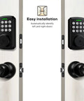 Keyless Entry Door Lock With Handle Set For Front Door, Smart WiFi Lock Kit installed on white door, showing keypad and handle.
