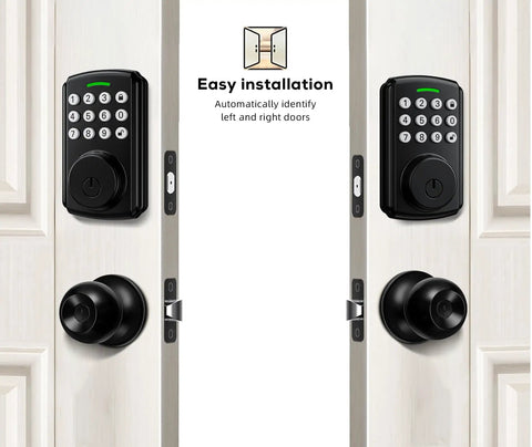 Keyless Entry Door Lock With Handle Set For Front Door, Smart WiFi Lock Kit installed on white door, showing keypad and handle.