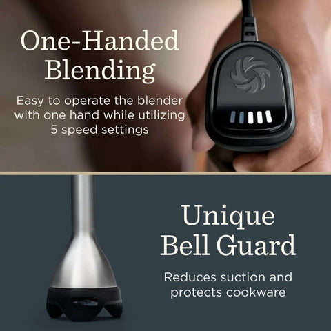 Total Kitchen Badass Five Speed Immersion Blender Bundle With Easy Swap Whisk And Rugged Storage Case 625 Watt Heavy Duty Hand Mixer close-up of one-handed operation and bell guard features.