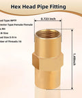 Brass hex head pipe fitting 5/8 inch female to female with NPTF thread, RH connector, 1.49 inch height, B-size shown.