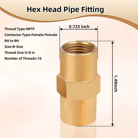 Brass hex head pipe fitting 5/8 inch female to female with NPTF thread, RH connector, 1.49 inch height, B-size shown.