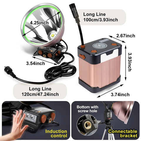 Coon Hunting Lights High Power LED Headlamp With 22000mAh Rechargeable Battery Waterproof Outdoor Torch For Fishing And Camping Induction Headlamp With Motion Sensor And External Waist Mount Battery Pack All Weather Night Bright, showing dimensions and induction control.