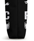 Side view of Dragon Boat Racing Tote Bag For Paddlers And Coaches With Dope Drums Design showing black fabric with drum print
