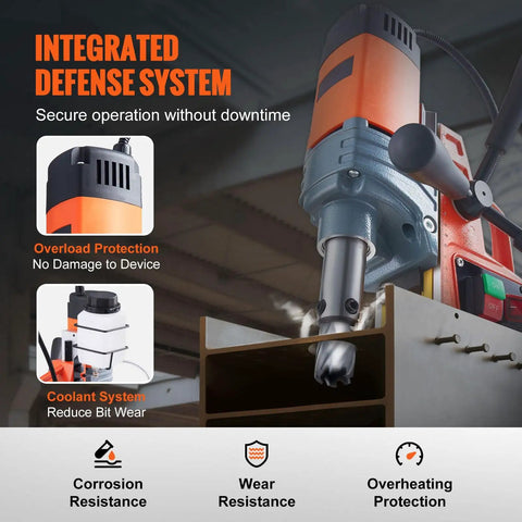 Heavy Duty Magnetic Drill Press Featuring A Badass 1300 Watt Motor Delivering Rock Solid 2810 Lbf Pull Force To Rip Through Thick Steel Plates Like Butter Daily with integrated defense system.