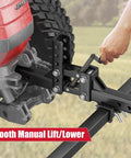Heavy Duty 50 Inch Manual Implement Lift With 1 Point Lift System and 2 Inch Hitch Receivers in use on ATV by hand crank