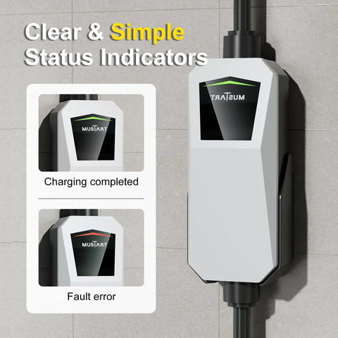 Close-up of 40 Amp Level 2 EV Charger With 240V NEMA 14-50 Plug showing status indicators on portable charging station
