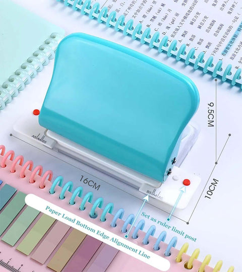 10 Hole Puncher For Loose Leaf Paper, Handheld Metal Circle Punch Tool for A4 A5 B5 Notebooks, blue with ruler alignment feature.