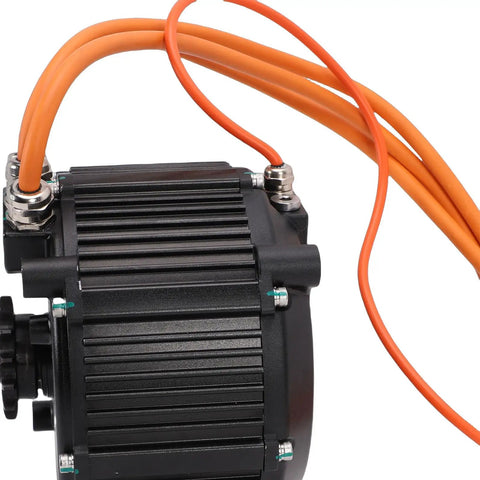 Close-up of Beast 10KW Mid Drive Electric Bike Motor PMSM with Hall Sensor IP67, showing orange power cables and connectors.