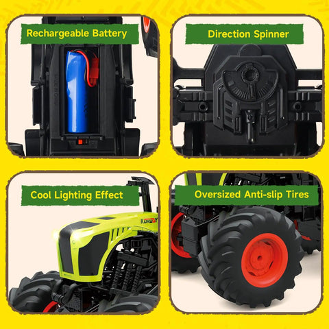 Big Monster Truck Tractor RC Toy For Kids 1 To 16 Scale With Lights And Sounds 2.4 GHz Remote Control, battery and tires details
