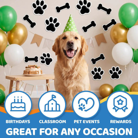 Dog with party hat and Black Paw Print And Bone Cutouts Set For Doggy Themed Parties And Classroom Decor 72 Pieces on wall.