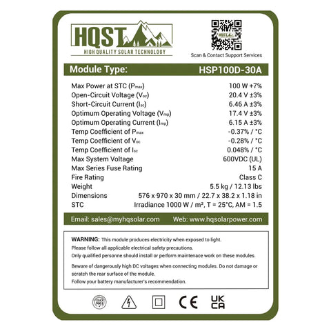 Specification label for 100W 12V Monocrystalline Solar Panel With Solar Connectors For Battery Charging On Boats, RVs, Caravans