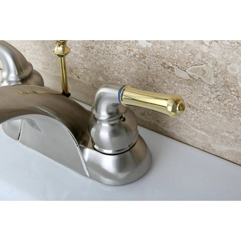 Close-up of Naples 4 Inch Centerset Lavatory Faucet in Brushed Nickel and Polished Brass Two Tone Sleek Dope Dual Lever Deck Mount 3 Hole Sink