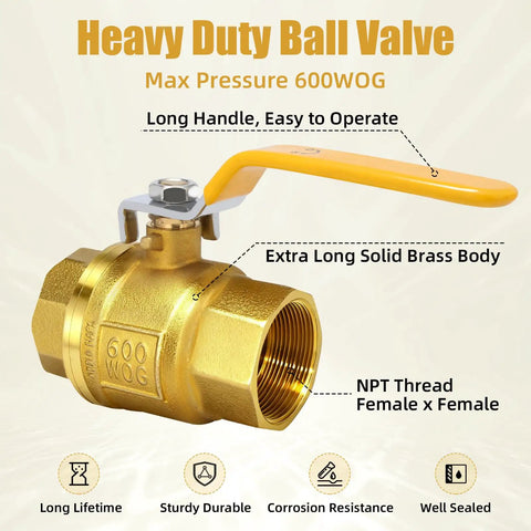 2 Inch Full Port Brass Ball Valve With Female NPT Threads, Heavy Duty Plumbing Fitting for Water Oil and Gas, 600WOG