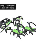 Fourteen Teeth Ice Crampons for Winter Boots With Grippy Steel Cleats shown with green elastic harness and black frame