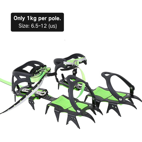 Fourteen Teeth Ice Crampons for Winter Boots With Grippy Steel Cleats shown with green elastic harness and black frame