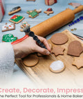 Hand using Red Crystal Rhinestone Cake Decorating Scriber Tool Sugar Craft Poking Needle for fondant on cookie designs.
