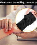 Wrist Compression Sleeves Pair For Carpal Tunnel Pain Relief And Support For Women And Men, focus on black sleeve and wrist support.