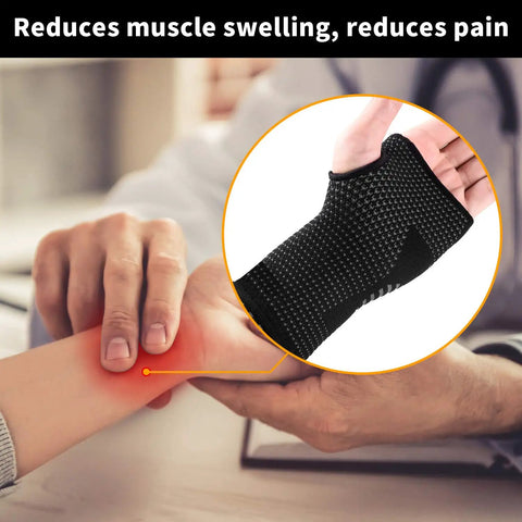 Wrist Compression Sleeves Pair For Carpal Tunnel Pain Relief And Support For Women And Men, focus on black sleeve and wrist support.