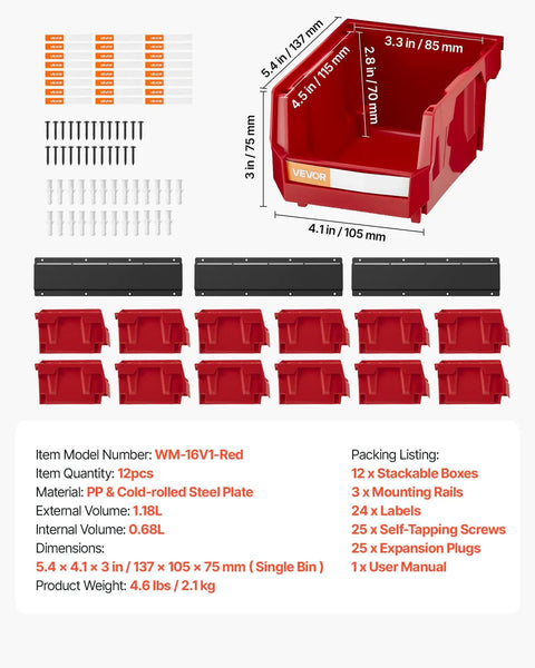 Kick Some Clutter To The Curb With This Rock Solid Set Of Twelve Wall Mounted Plastic Storage Bins And Three Heavy Duty Rails, showing red bins and mounting rails.