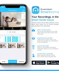 Smartphone app interface showing 4MP WiFi Indoor Camera With Pan Tilt Zoom, Pet And Baby Monitor features and cloud storage options.