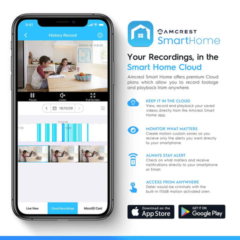 Smartphone app interface showing 4MP WiFi Indoor Camera With Pan Tilt Zoom, Pet And Baby Monitor features and cloud storage options.
