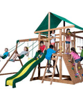 Cedar Wood Swing Set With Wave Slide And Elevated Play Deck, Double Rock Wall, kids playing on swings and slide in backyard