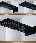 Premium Matte Black Shower System With Waterfall Rain Head And Handheld Spray Set Heavy Duty Brass Valves showcasing rain and waterfall features.