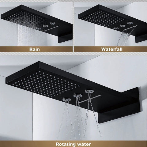 Modern Matte Black Shower System With Waterfall Rain Head And Durable Handheld Sprayer showcasing rain, waterfall, and rotating water settings.