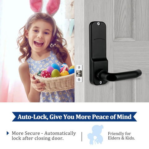 Keyless Entry Door Lock With Keypad For Exterior And Interior Doors Waterproof Stainless Steel Deadbolt Handle Lock Adjustable For Left Or Right Handed Doors Outdoor Gate Security Black on door with child holding basket