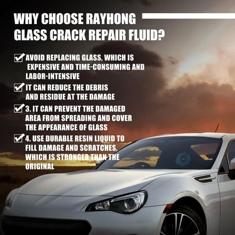 Two Pack Windshield Crack Repair Kit With Premium Nano Repair Fluid for quick auto glass fixes, shown with car and benefits.