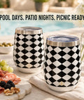 Premium Double Wall Insulated Stemless Wine Tumblers With Slider Lids 12 Oz Set displayed with snacks by a pool, black and white checkered design.