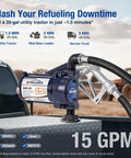 Built Tough 12V Fuel Transfer Pump Pushes Up To 15 Gpm With Solid Manual Nozzle And Flexible Hose for quick fueling of tractors.