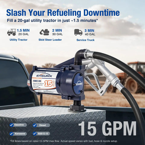 Built Tough 12V Fuel Transfer Pump Pushes Up To 15 Gpm With Solid Manual Nozzle And Flexible Hose for quick fueling of tractors.