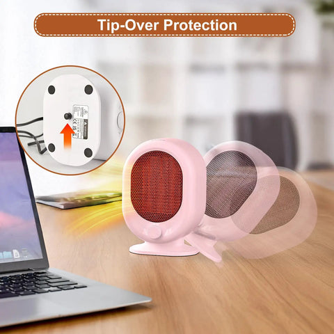 Cozy 1500W Desk Heater With PTC Ceramic Heating, Two Gear Adjustable, Tip Over And Overheat Protection in pink on desk