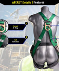 Back view of green full body harness from Roofing Safety Kit With Full Body Harness, 25 Ft Vertical Rope, Anchor System, Tool Lanyard And Duffle Bag In Green For Roofers, Fall Protection Gear Today, showing D-ring and fall indicators.