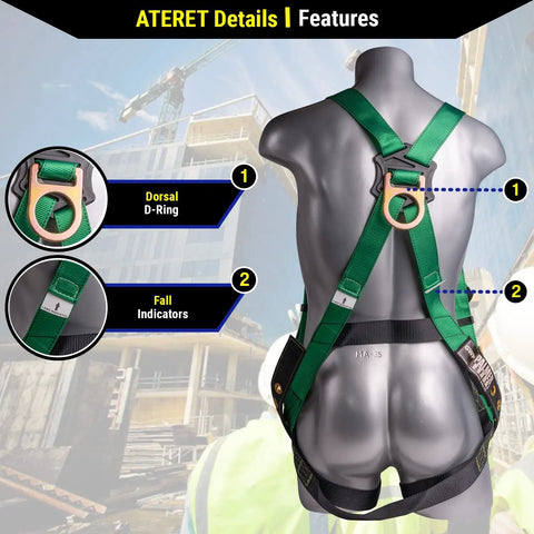 Green full body harness from Roofing Safety Kit With Full Body Harness, 50 Foot Vertical Rope, Anchor Set, Tool Lanyard And Duffle Bag In Green