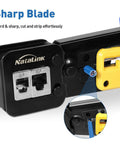Close-up of Pass Through RJ45 Crimp Tool Kit All In One Ethernet Crimper with sharp blades for Cat 6 Cat 5e Cat 5 cable cutting and stripping