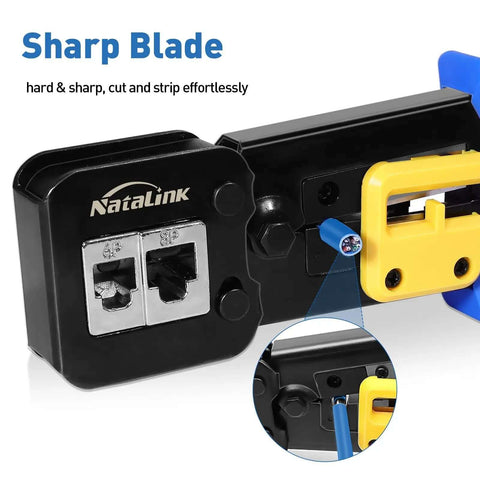 Close-up of Pass Through RJ45 Crimp Tool Kit All In One Ethernet Crimper with sharp blades for Cat 6 Cat 5e Cat 5 cable cutting and stripping