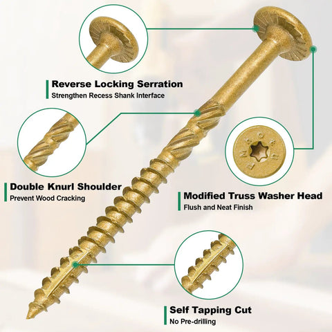 Six Inch Legit Heavy Duty Outdoor Deck Screws Crafted From Premium Alloy Steel Acq Compatible And Hella Rust Resistant Wood Fasteners showing serration and truss head.