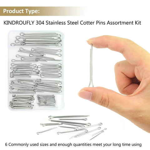 120 Piece Cotter Pins Assortment Kit 304 Stainless Steel 6 Sizes M1.6x25 M2.5x25 M2.5x40 M3.2x30 M3.2x40 M4x60 Durable For DIY Automotive Equipment Kindroufly displayed in a box and one held by hand.