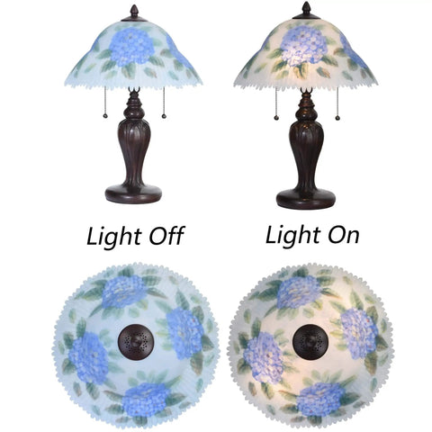Hand Painted Hydrangea Glass Table Lamp With Metal Base In Blue, Two E26 Bulbs Not Included, Light On and Off View